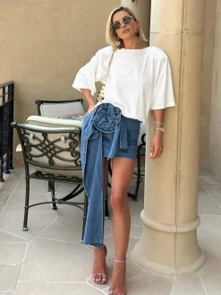 3D Rose Flower Denim A Line Short Skirt