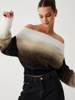 Dawn Ombre Fuzzy Off Shoulder Crop Sweater