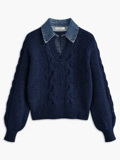 Denim Panel Ribbed Lapel Sweater