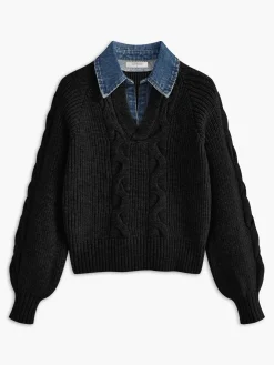 Denim Panel Ribbed Lapel Sweater