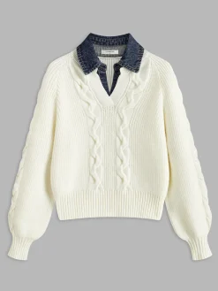 Denim Panel Ribbed Lapel Sweater