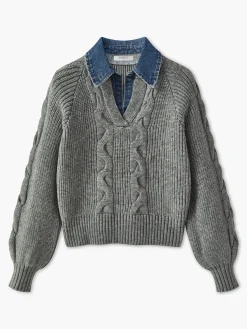 Denim Panel Ribbed Lapel Sweater