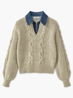 Denim Panel Ribbed Lapel Sweater