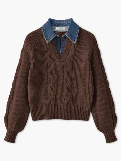 Denim Panel Ribbed Lapel Sweater