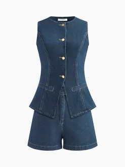 Denim Peplum Vest With Shorts Set