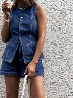 Denim Peplum Vest With Shorts Set