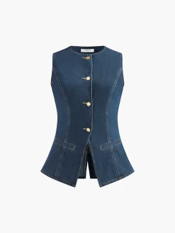 Denim Peplum Vest With Shorts Set