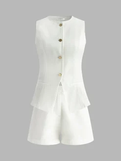 Denim Peplum Vest With Shorts Set