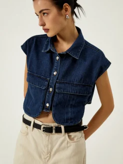 Denim Pockets Turn Down Collar Vest