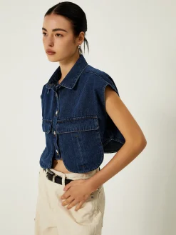 Denim Pockets Turn Down Collar Vest