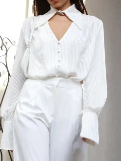 Detachable Collar Button Down Pinstripe Shirt