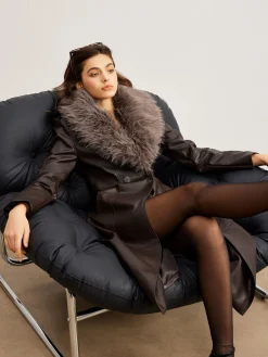 Detachable Fuzzy Collar Faux Leather Long Jacket