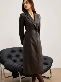 Detachable Fuzzy Collar Faux Leather Long Jacket