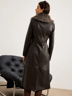 Detachable Fuzzy Collar Faux Leather Long Jacket
