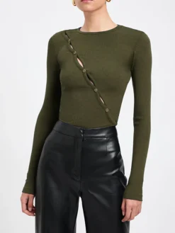 Diagonal Buttoned Keyhole Long Sleeve Top