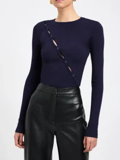 Diagonal Buttoned Keyhole Long Sleeve Top