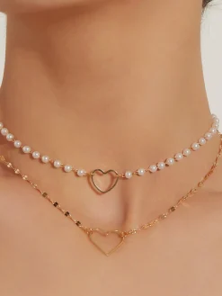 Double Layer Pearl Heart Pendant Necklace