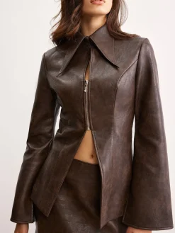 Double Zip Faux Leather Slit Jacket