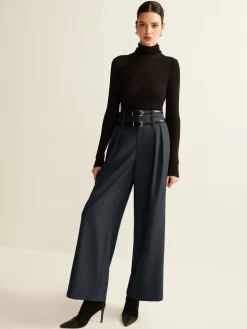 Double-Belt Pleated Straight Pants