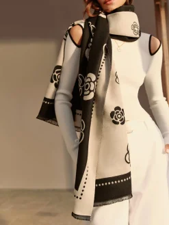 Double-Sided Camellia Tassel Scarf