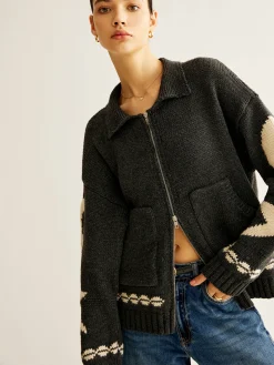 Double-Zip Pockets Lapel Cardigan