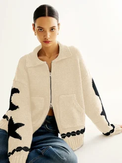 Double-Zip Pockets Lapel Cardigan
