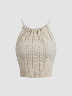 Drawstring Open Back Cable Knit Halter Crop Top