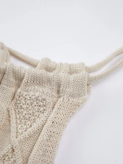 Drawstring Open Back Cable Knit Halter Crop Top