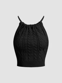 Drawstring Open Back Cable Knit Halter Crop Top