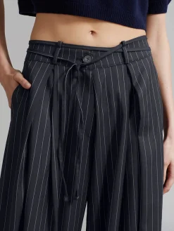 Drawstring Pinstripe Wide-Leg Pants
