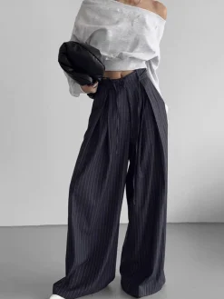 Drawstring Pinstripe Wide-Leg Pants