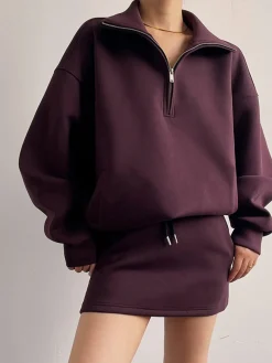 Drawstring Zipper Lapel Skirt Set