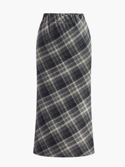 Elastic Waist Checked Slit Skirt