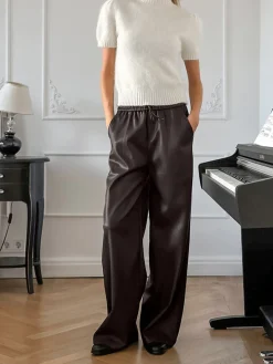 Elastic Waist Drawstring Faux Leather Pants