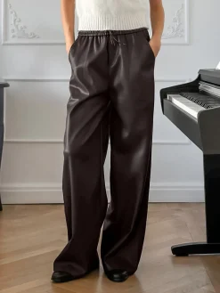 Elastic Waist Drawstring Faux Leather Pants