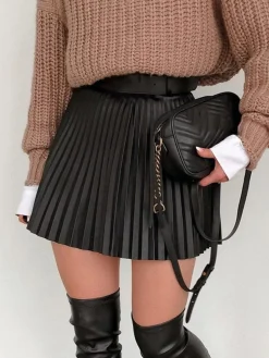 Elastic Waist Faux Leather Pleated Skirt