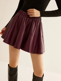 Elastic Waist Pleated PU Leather Skirt
