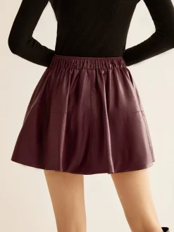 Elastic Waist Pleated PU Leather Skirt