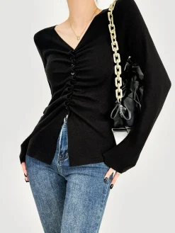 Elegant Button Pleated Knit Top