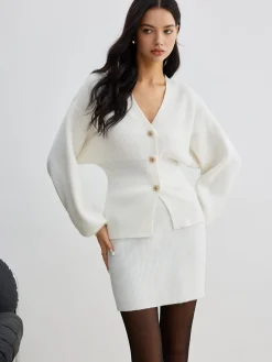 Elegant Button Slit Cinched Cardigan