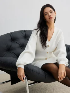 Elegant Button Slit Cinched Cardigan