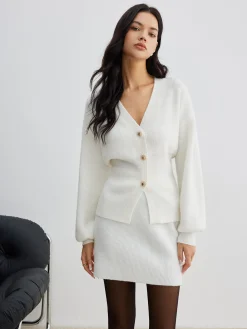 Elegant Button Slit Cinched Cardigan