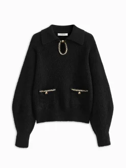 Elegant Contrast Binding Keyhole Neckline Polo Sweater