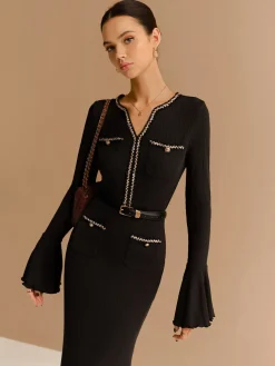 Elegant Contrast Binding Ruffle Slim Dress