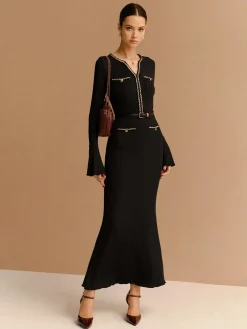 Elegant Contrast Binding Ruffle Slim Dress