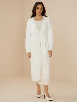 Elegant Fuzzy Plain Belted Cardigan