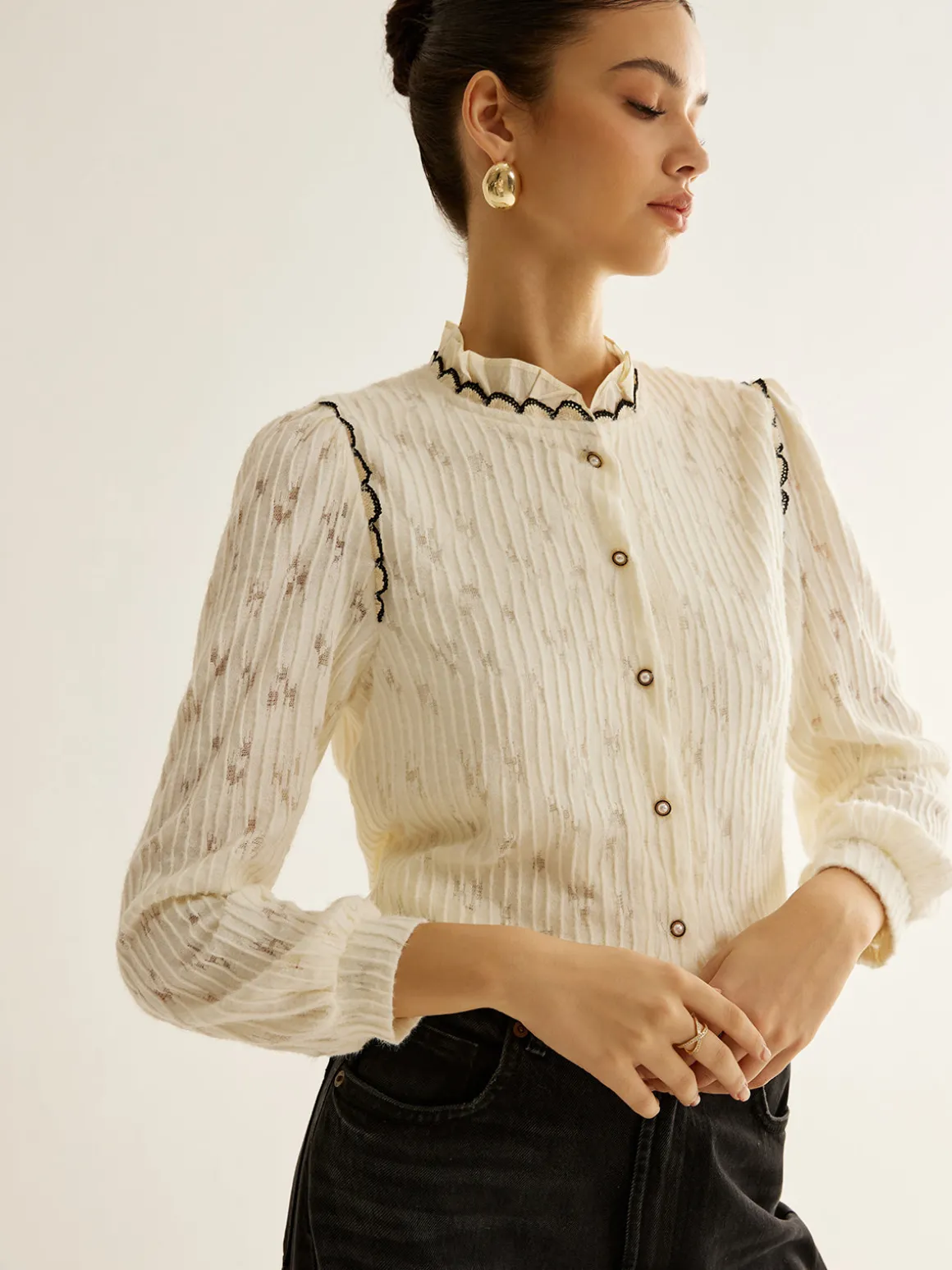 Elegant Lettuce Trim Button Shirt