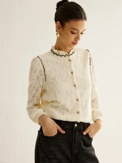 Elegant Lettuce Trim Button Shirt