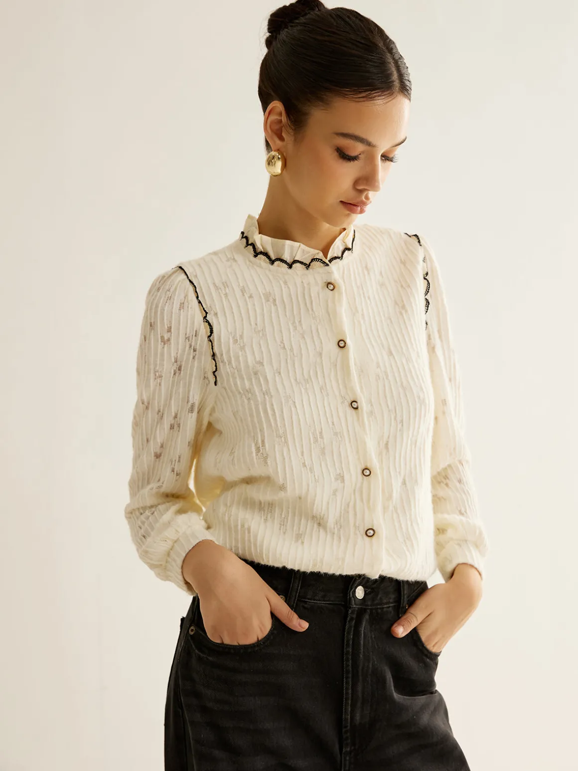 Elegant Lettuce Trim Button Shirt