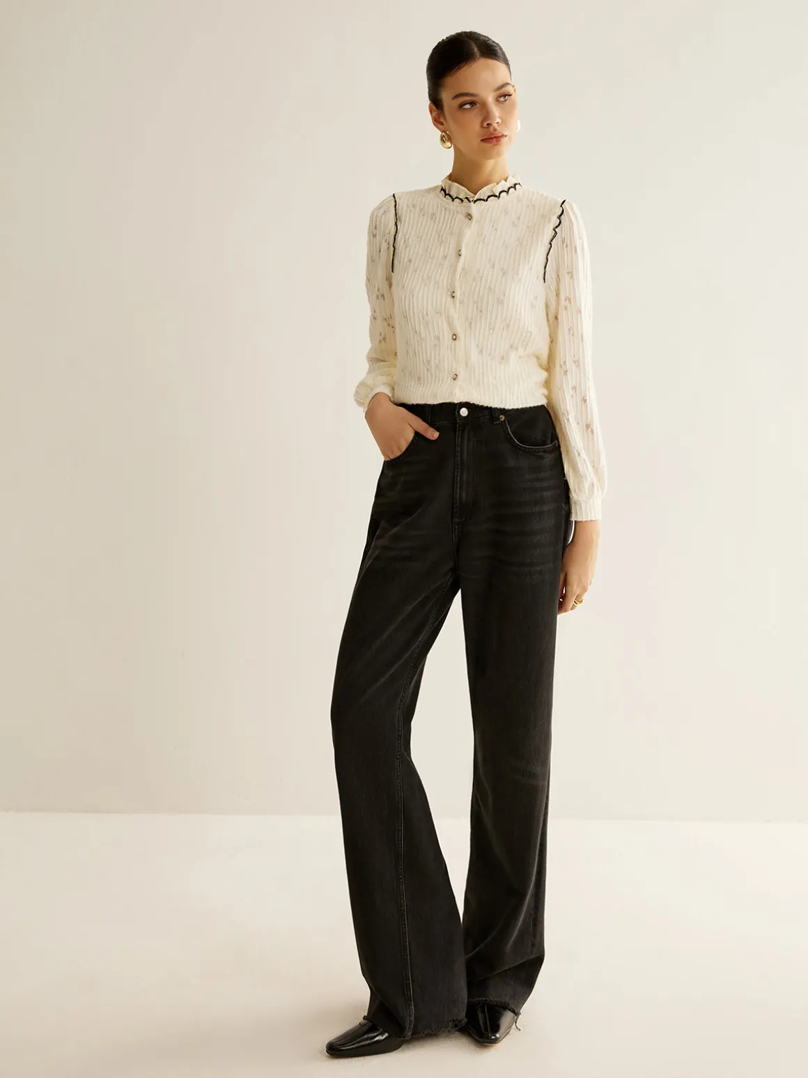 Elegant Lettuce Trim Button Shirt